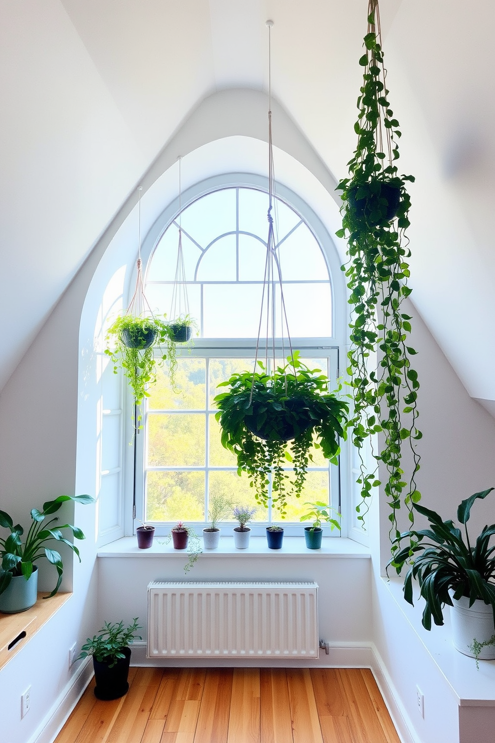 A cozy attic space featuring a large, arched window that allows natural light to flood in. The walls are painted in a soft white, creating a bright and airy feel, while the floor is adorned with warm wooden planks. Lush hanging plants are suspended from the ceiling, adding a touch of greenery and softness to the room. The window sill is lined with small potted plants, creating a serene and inviting atmosphere.