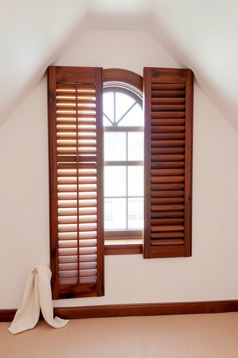 Custom shutters for added privacy. The shutters are made of rich hardwood with a dark stain, elegantly framing an attic window that allows natural light to filter in softly. The window design features a charming arch shape, enhancing the character of the attic space. Soft, sheer drapes in a light fabric complement the shutters, adding a touch of warmth and coziness to the room.