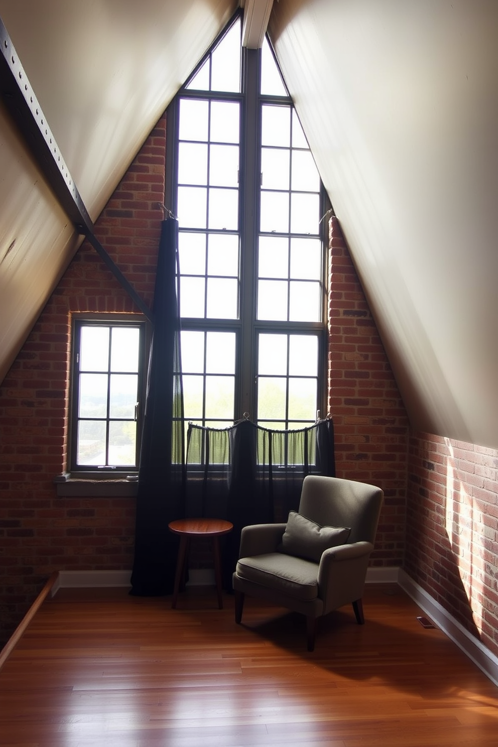 A striking attic space features industrial style metal window frames that allow natural light to flood the room. The windows are adorned with simple black curtains that complement the raw, unfinished look of the exposed brick walls. Below the windows, a cozy reading nook is created with a plush armchair and a small wooden side table. The flooring is a warm hardwood that contrasts beautifully with the cool metal accents of the window frames.