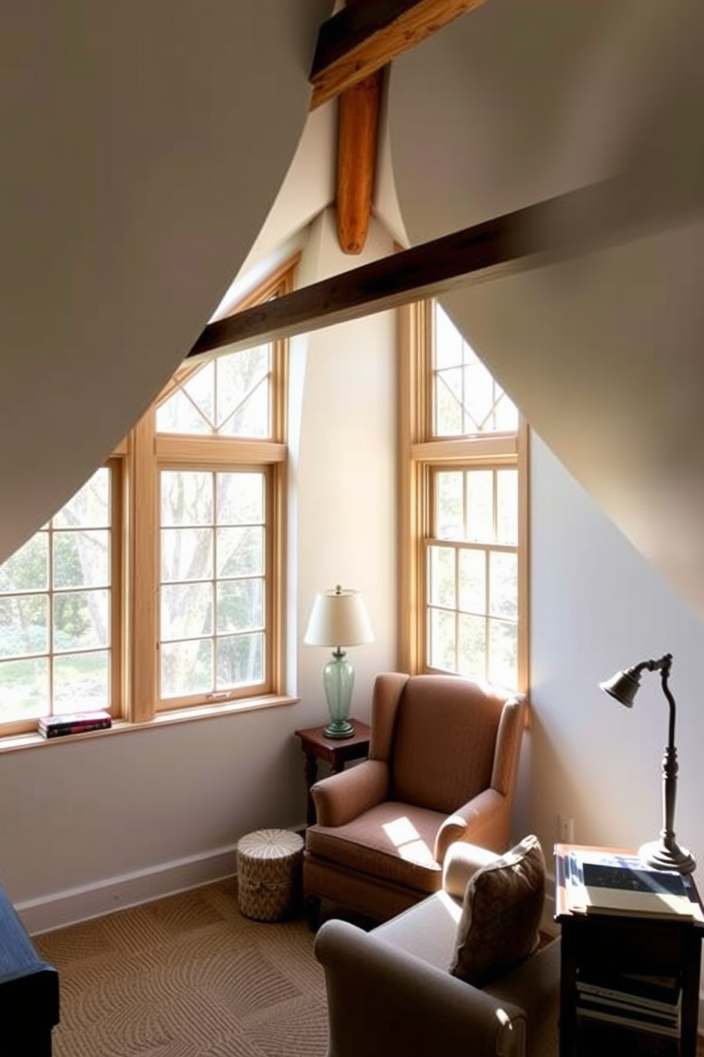 A cozy attic space featuring large transom windows that allow abundant natural light to flood the room. The walls are painted in a soft white, and the ceiling showcases exposed wooden beams for added character. In the corner, a comfortable reading nook is created with a plush armchair and a small side table. Decorative elements include a vintage lamp and a collection of books, enhancing the inviting atmosphere.