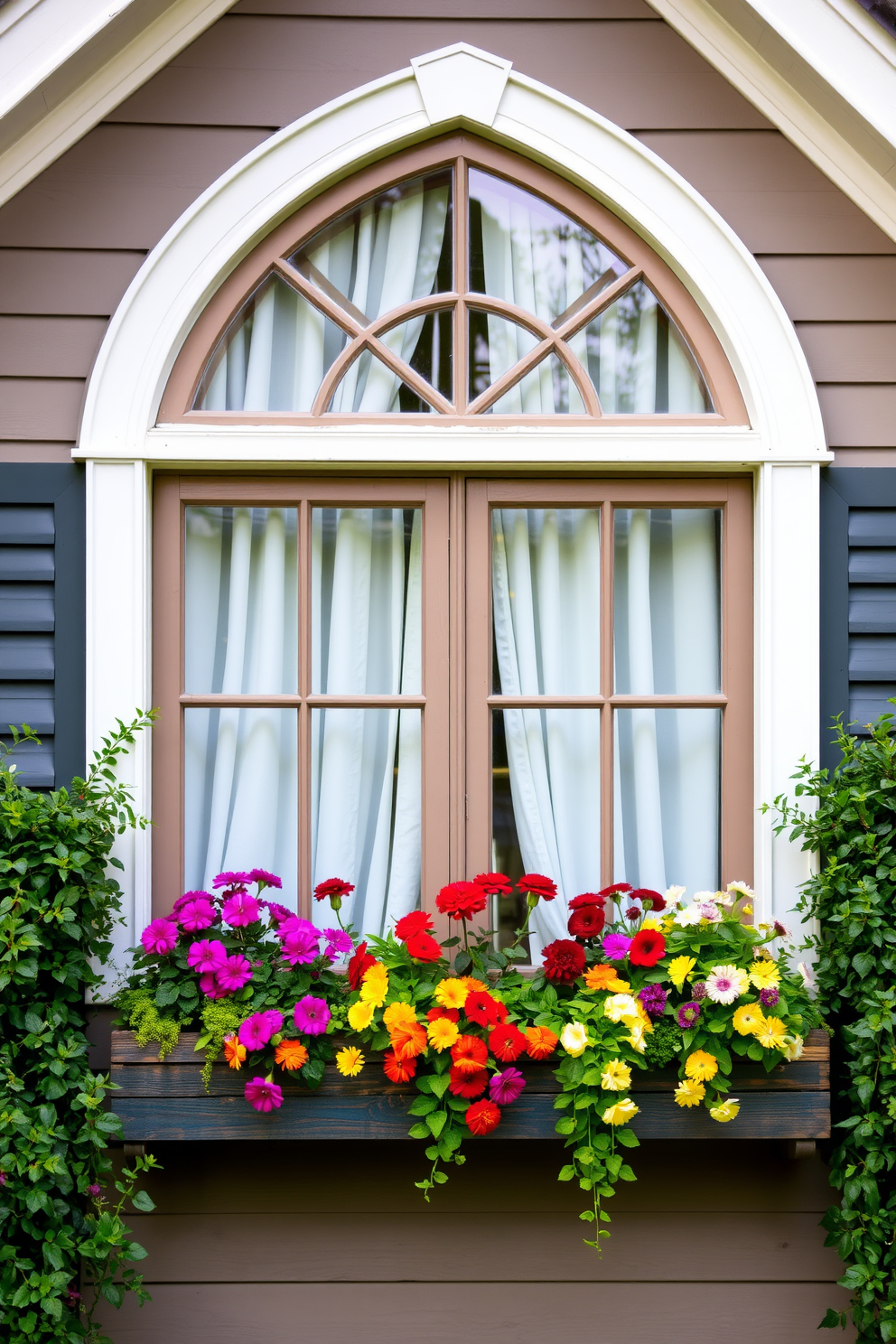 Decorative window boxes filled with vibrant flowers and lush greenery enhance the charm of a classic home. The window boxes are crafted from weathered wood, adding a rustic touch to the exterior while complementing the house's color scheme. Attic window design ideas feature large, triangular windows that invite natural light into the space. The windows are framed with elegant molding and adorned with sheer curtains, creating a cozy and inviting atmosphere in the attic.