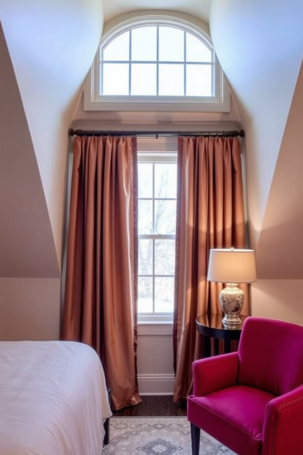 Coordinated curtains for a cohesive look. The curtains are made from a luxurious fabric that complements the room's color scheme, creating a harmonious flow throughout the space. Attic window design ideas. The windows are framed with elegant trim and adorned with soft, flowing drapes that enhance the natural light while adding a touch of sophistication to the attic retreat.