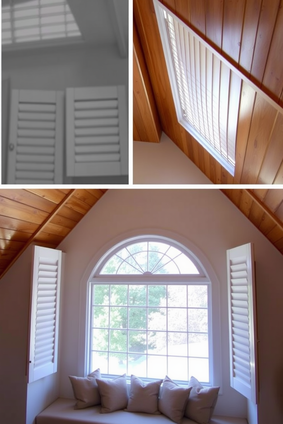 A cozy attic space featuring louvered shutters that allow for adjustable ventilation control. The shutters are painted in a soft white hue, complementing the warm wood beams of the ceiling. The attic window design incorporates a large, arched window that floods the room with natural light. Beneath the window, a built-in bench with plush cushions creates a perfect reading nook.