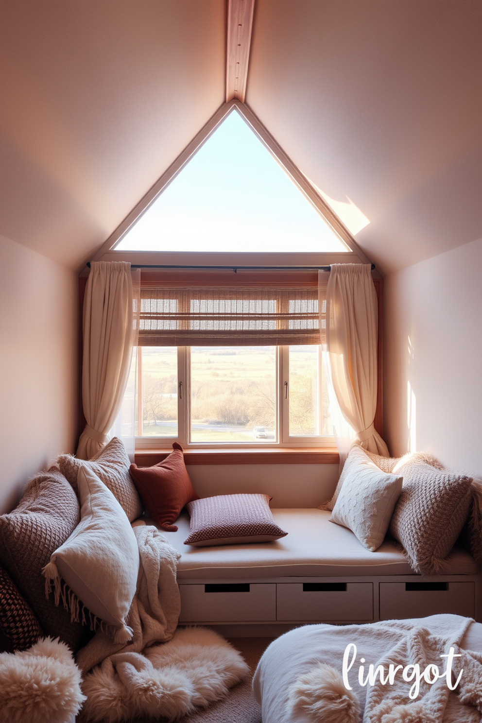 A cozy nook filled with soft blankets and plush cushions invites relaxation. The space is adorned with various textures and warm colors, creating a welcoming atmosphere. Under the sloped ceiling of an attic, a large window offers a stunning view of the outdoors. The design features built-in seating with storage underneath, surrounded by natural light and soft, airy curtains.