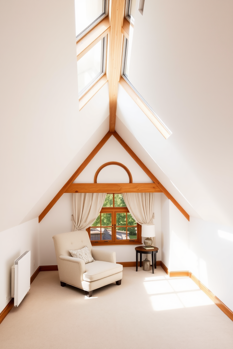 A cozy attic space featuring large skylights that flood the room with natural light. The walls are painted in a soft white, enhancing the brightness, while wooden beams add warmth to the design. In one corner, a comfortable reading nook is created with a plush armchair and a small side table. The attic window design includes a charming arch shape, framed with delicate curtains that flutter gently in the breeze.