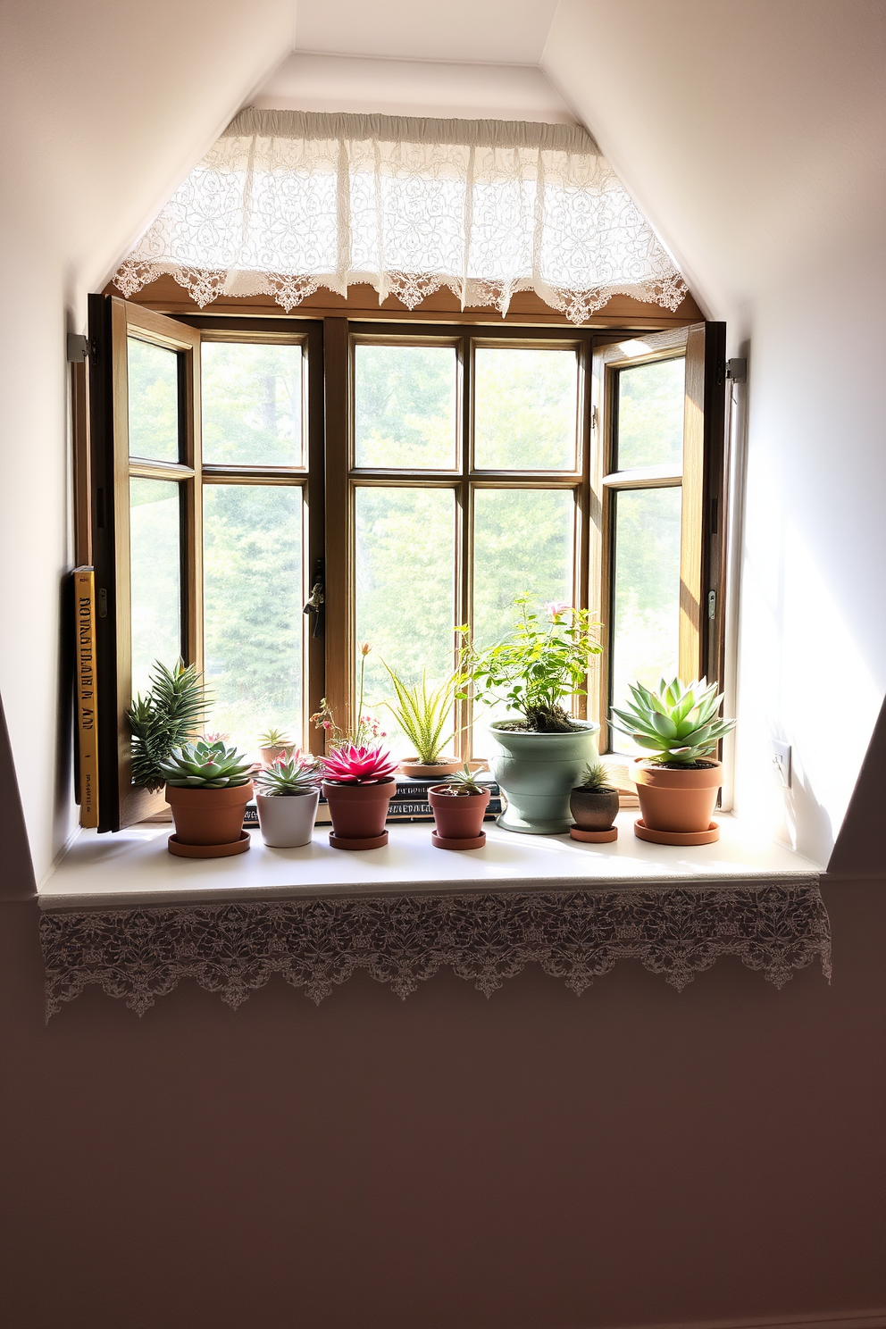 A charming attic window ledge serves as a display area for potted plants and decorative items. Soft natural light filters through the window, creating a cozy atmosphere that enhances the aesthetic appeal of the space. The window ledge is adorned with a mix of colorful succulents and a vintage book collection. A delicate lace curtain frames the window, adding a touch of elegance to the overall design.