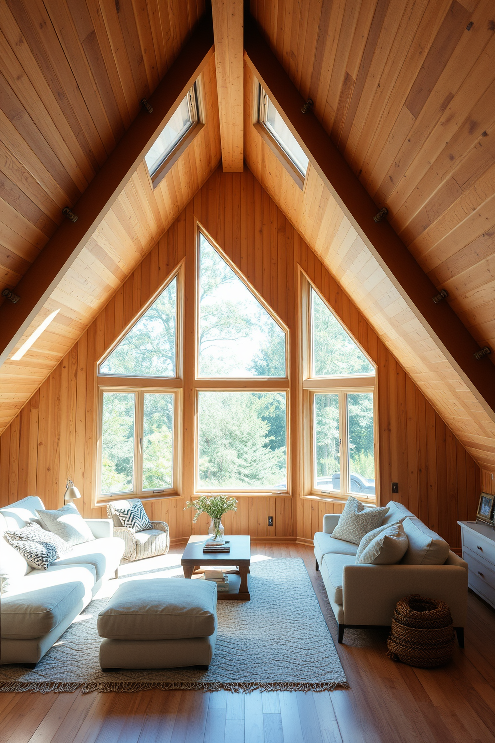 A cozy attic space filled with natural light. The walls are adorned with natural wood finishes that create a warm and inviting atmosphere. Large attic windows allow sunlight to pour in, enhancing the room's brightness. Soft, neutral furnishings complement the wood tones, creating a harmonious design.