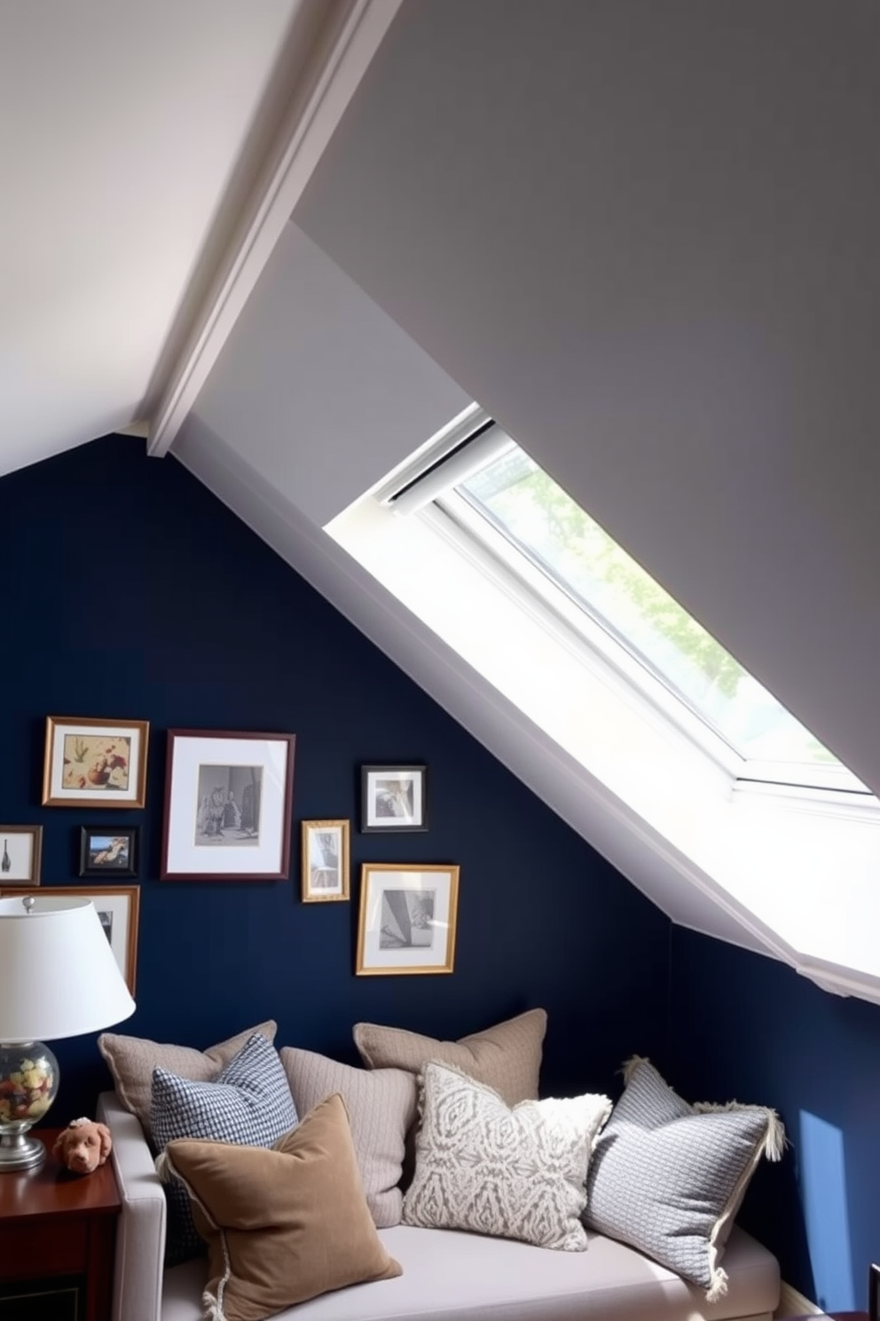 A cozy attic space features an accent wall painted in a deep navy blue that contrasts beautifully with the white ceiling and trim. The large attic window allows natural light to flood the room, highlighting the textures and colors of the decor. The accent wall is adorned with a collection of framed artwork that adds personality and warmth to the space. Below the window, a comfortable reading nook with plush cushions invites relaxation and enjoyment of the view.