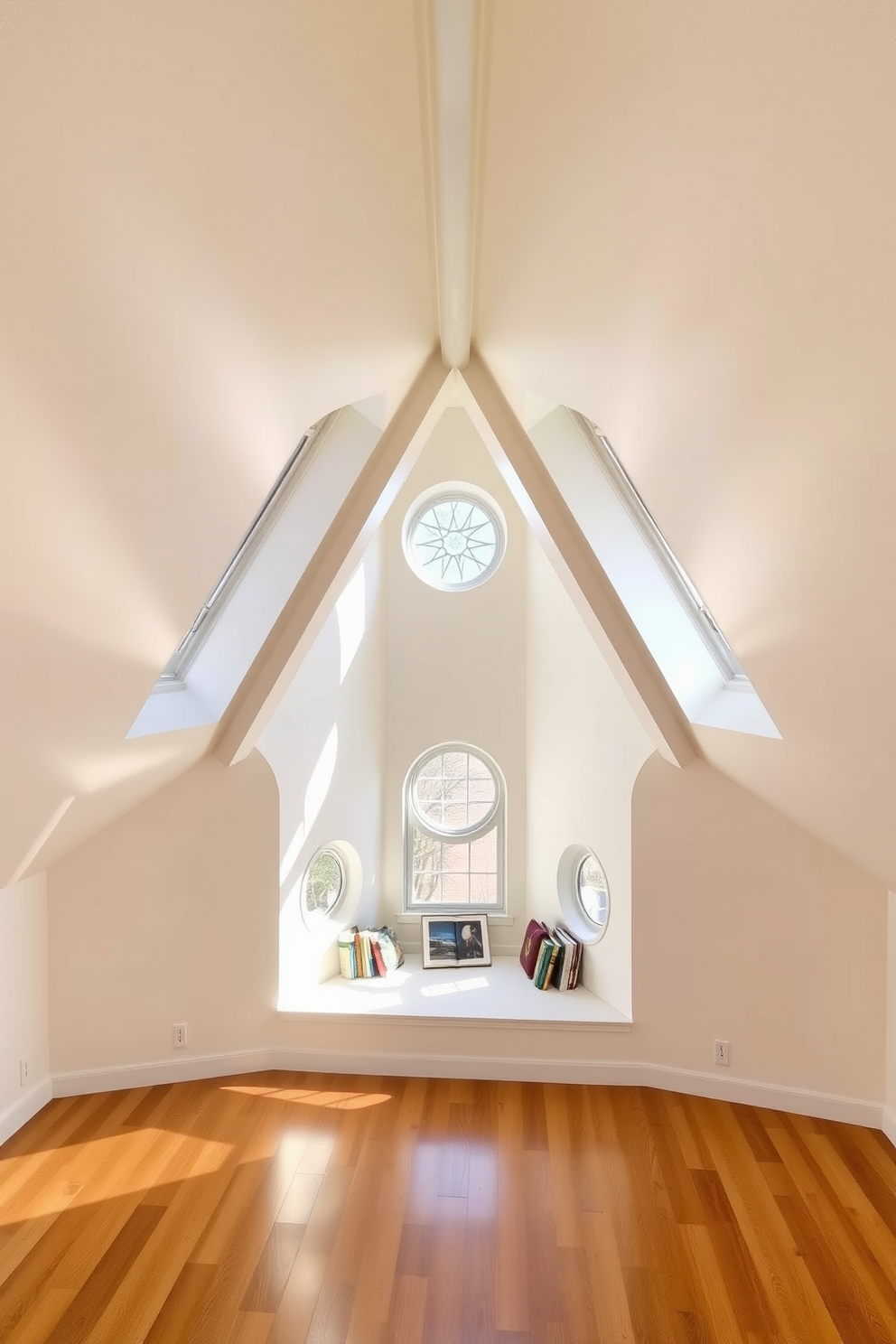 A stunning attic space featuring unique triangular windows that create an inviting atmosphere. The walls are painted in soft pastels, and natural light floods the room, highlighting the cozy reading nook beneath the windows. Incorporating circular windows adds an artistic touch to the design, enhancing the room's character. The flooring is a warm hardwood that contrasts beautifully with the light-colored walls, creating a harmonious balance.