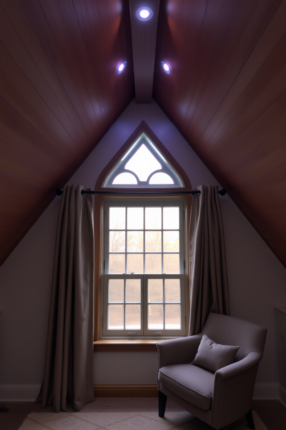 A cozy attic space with an integrated lighting design around the window. The soft glow from the lights highlights the wooden beams and creates a warm atmosphere in the room. The window features a unique shape that complements the sloped ceiling, framed by elegant curtains. A small reading nook with a plush chair is positioned nearby, inviting relaxation and comfort.