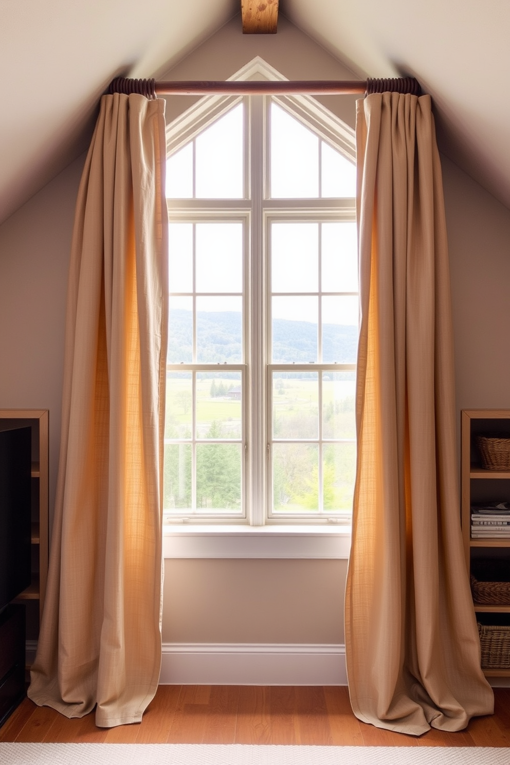 Textured window treatments for depth. Soft linen drapes in a warm beige tone cascade elegantly from a wooden rod, creating a cozy atmosphere while allowing natural light to filter through. Attic window design ideas. A charming gabled window framed by rustic wooden beams offers a stunning view, complemented by built-in shelving that maximizes space and adds character to the room.