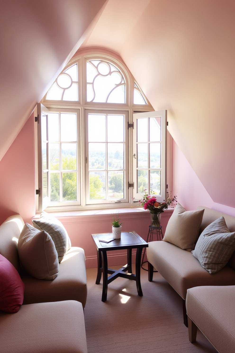 A charming attic space filled with natural light. The design features an elegant window with vintage hardware that enhances the classic aesthetic. The walls are adorned with soft pastel colors, creating a warm and inviting atmosphere. Cozy seating is arranged around a small, rustic coffee table, perfect for enjoying the view outside.