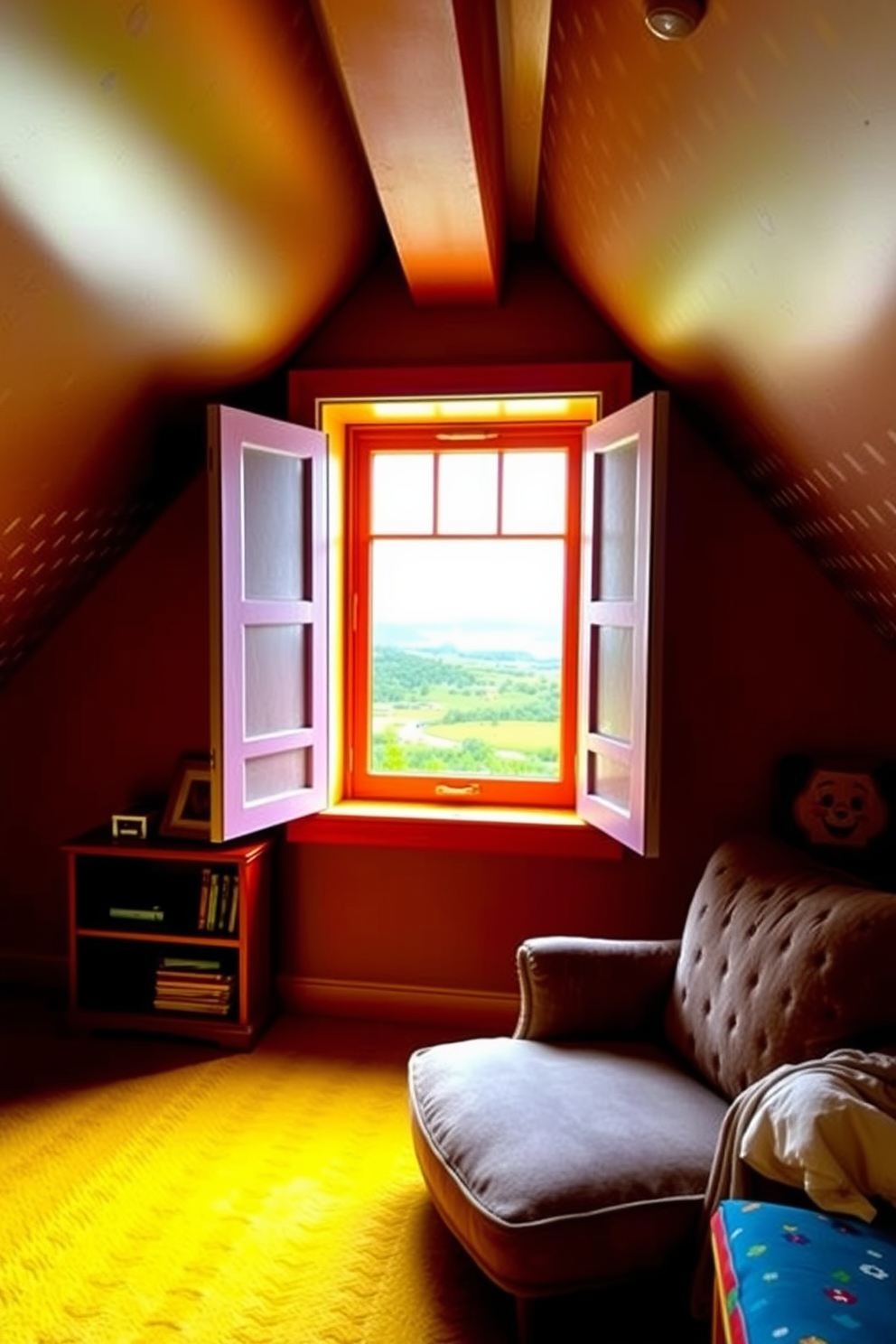 A cozy attic space featuring an attic window framed with colorful paint that enhances natural light. The window overlooks a scenic view, creating a vibrant focal point in the room. The walls are adorned with playful patterns, complementing the cheerful window frame. A comfortable reading nook with a plush chair and a small bookshelf is nestled beside the window, inviting relaxation.