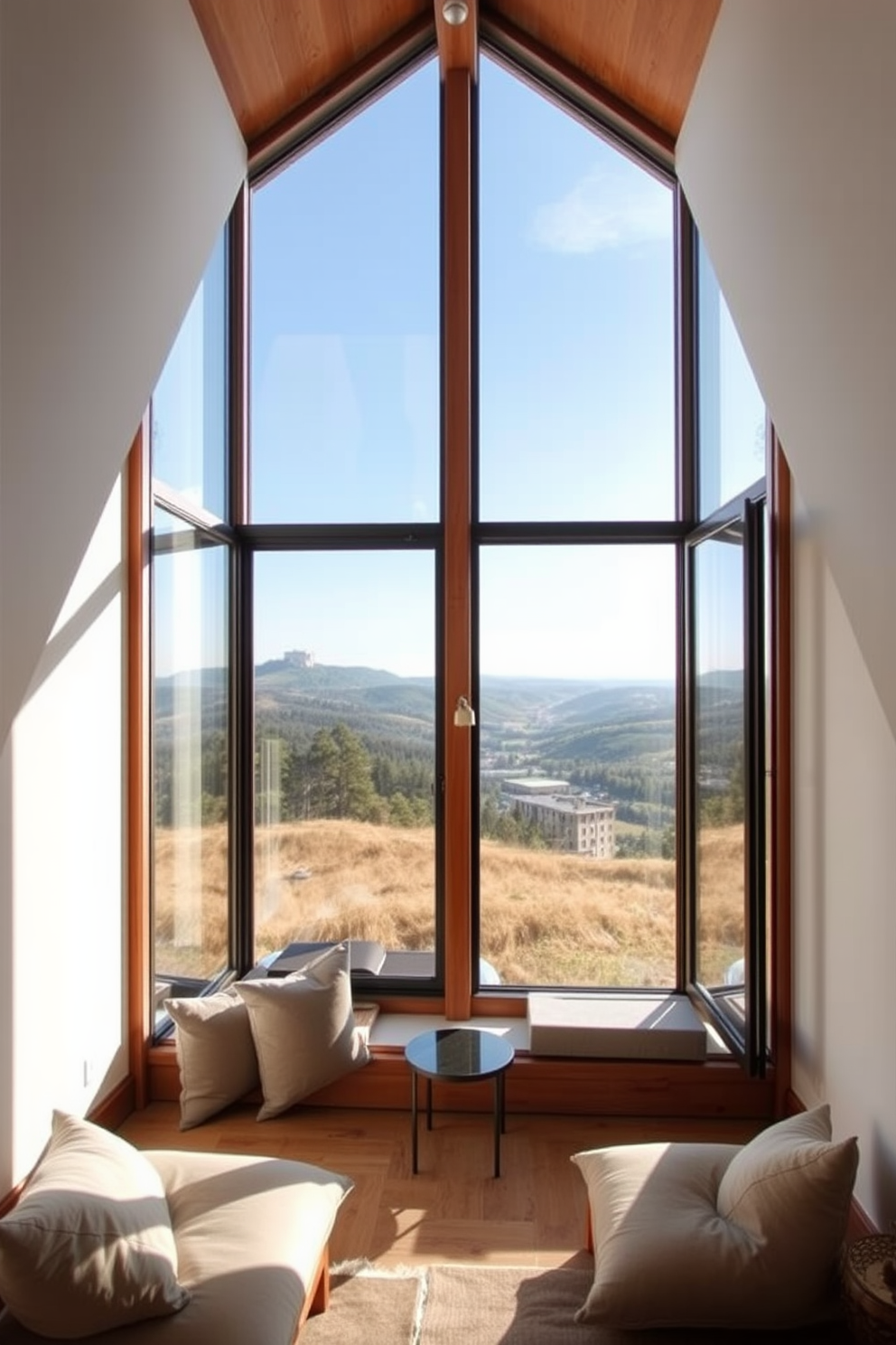 A cozy attic space featuring large glass panels that frame stunning views of the surrounding landscape. The design incorporates a comfortable seating area with plush cushions and a small coffee table, allowing for relaxation while enjoying the scenery. The attic window design showcases a modern aesthetic with sleek lines and minimalistic frames. Natural light floods the room, highlighting the warm wooden beams and the soft color palette of the interior.