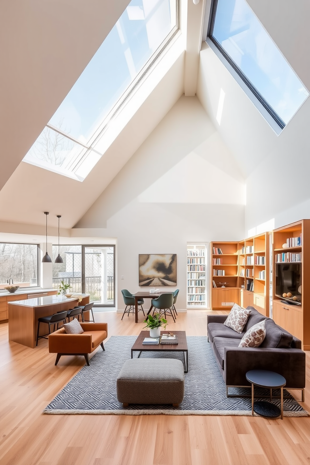 Open concept living area featuring a seamless flow between the kitchen and living room. Large windows allow natural light to flood the space, highlighting the modern furniture and warm color palette. In the attic, a cozy reading nook is created under a sloped ceiling with a large skylight. Plush seating and built-in bookshelves enhance the inviting atmosphere, making it a perfect retreat.