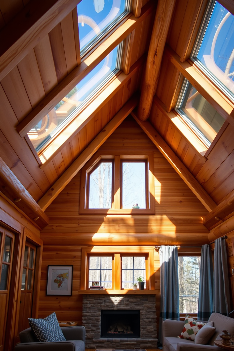 A cozy cabin interior featuring rustic wood frames that enhance the warm atmosphere. The walls are adorned with natural wood paneling, and a stone fireplace adds to the inviting ambiance. Innovative attic window design ideas that maximize natural light while maintaining privacy. Large, strategically placed skylights create an open feel, complemented by wooden beams that emphasize the rustic charm.