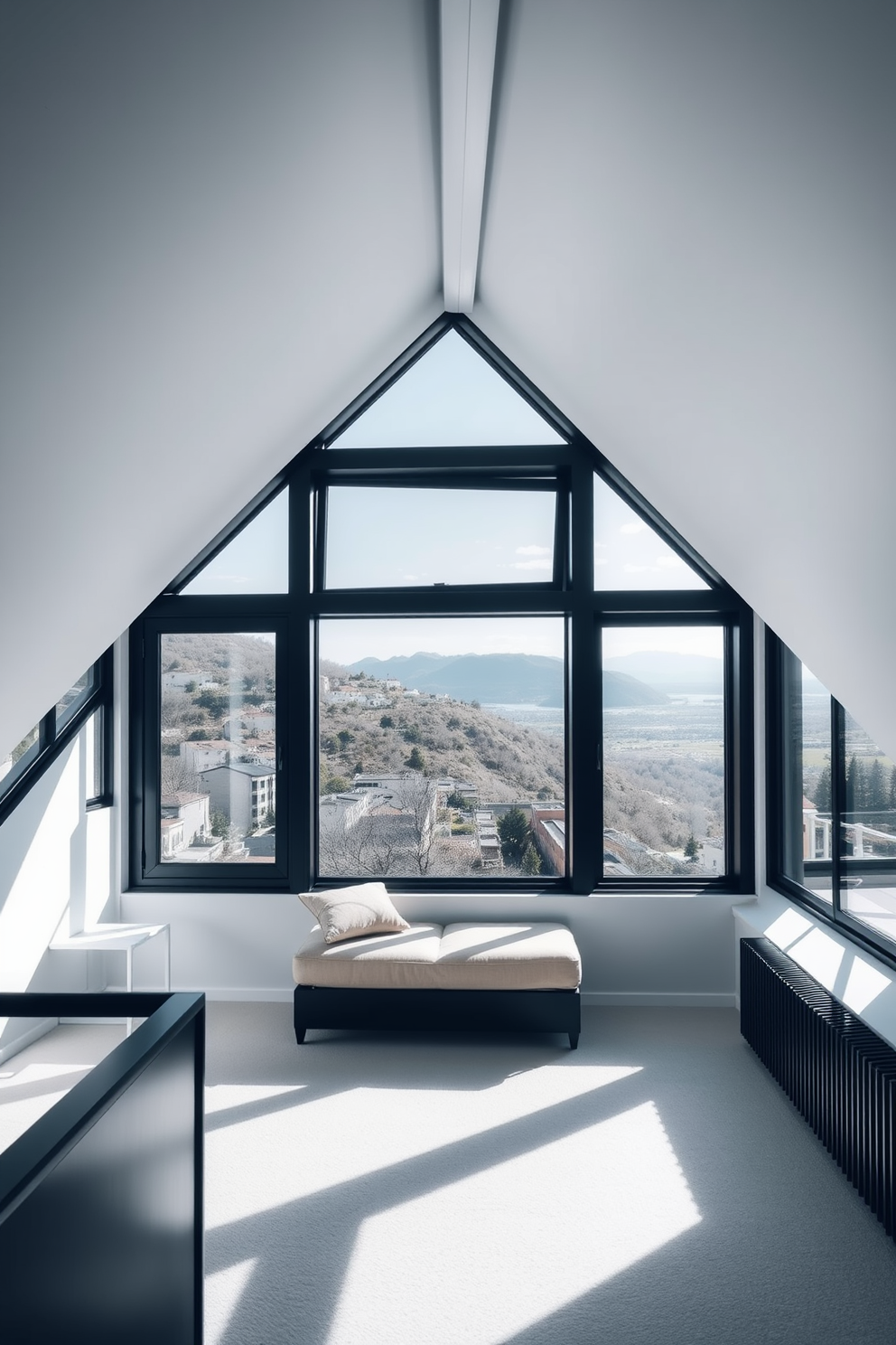 A serene attic space featuring modern minimalistic black window frames that allow natural light to flood the room. The walls are painted in a soft white, contrasting beautifully with the sleek black frames, creating an airy and open atmosphere. The windows are positioned to provide stunning views of the surrounding landscape, enhancing the overall aesthetic of the attic. Cozy seating is arranged near the windows, inviting relaxation and contemplation in this stylish retreat.