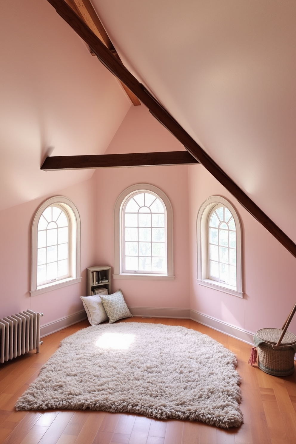 A cozy attic space featuring arched windows that bring in natural light and create a vintage ambiance. The walls are painted in soft pastel colors, and the wooden beams are exposed, adding character to the room. The floor is covered with a plush area rug that complements the color scheme. A comfortable reading nook is positioned beneath the arched windows, adorned with cushions and a small bookshelf.