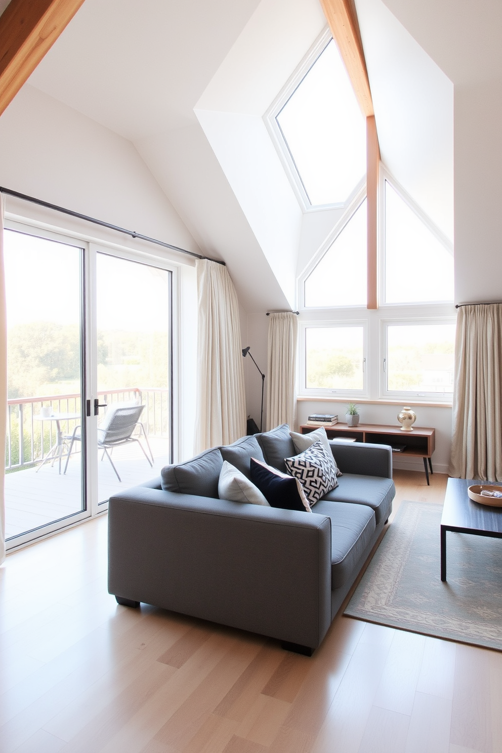 A bright and airy living room features sliding glass doors that open to a spacious balcony, allowing natural light to flood the space. The balcony is adorned with stylish outdoor furniture, perfect for enjoying morning coffee or evening sunsets. The attic showcases a unique window design that enhances the room's character, with angled ceilings and wooden beams creating a cozy atmosphere. Soft curtains frame the window, allowing gentle light to filter in while maintaining privacy.