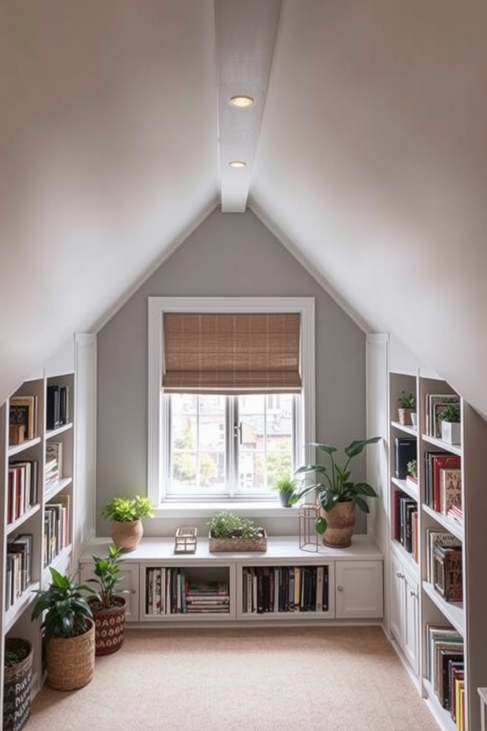 A cozy attic space featuring built-in shelving that elegantly surrounds a large window. The shelves are filled with books, plants, and decorative items, creating a warm and inviting atmosphere.