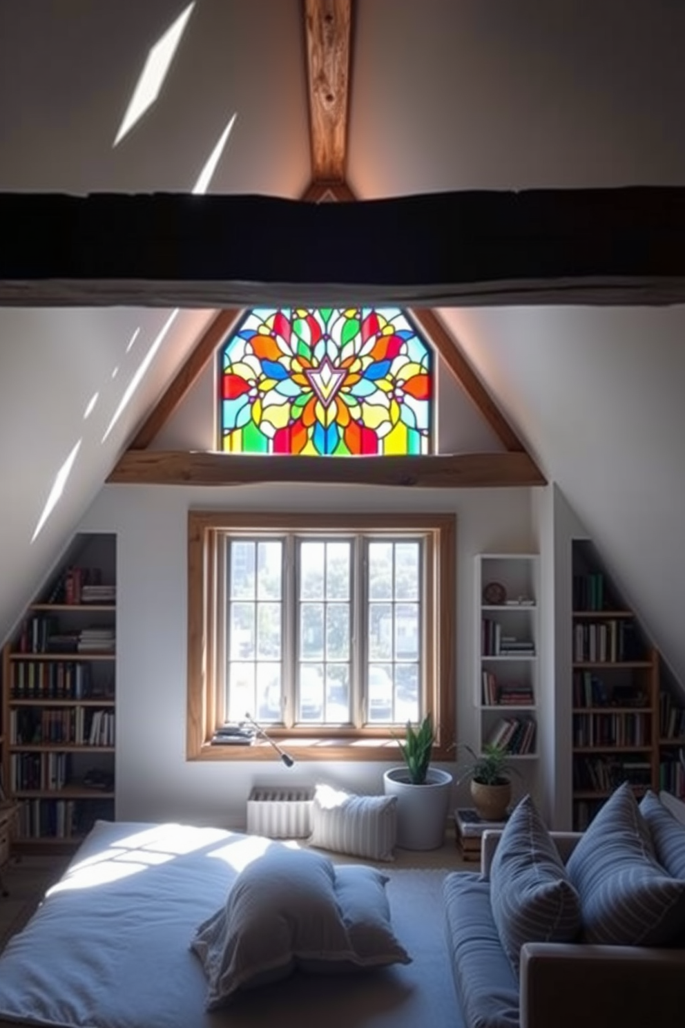 A bright and airy attic space features a stunning colorful stained glass window that casts vibrant light patterns across the room. The window is framed by rustic wooden beams, enhancing the artistic flair of the design. The attic is designed with cozy nooks and soft furnishings, inviting relaxation and creativity. Incorporate built-in shelves to showcase books and decorative items, creating a functional yet stylish environment.