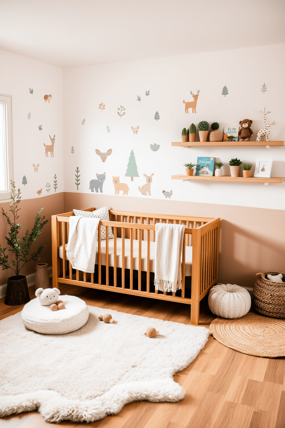 Cozy woodland theme with natural elements. The walls are painted in soft earthy tones, adorned with whimsical forest animal decals. A wooden crib is placed against one wall, surrounded by plush rugs and soft blankets. Natural wood shelves display storybooks and small plants, adding a touch of greenery to the space.