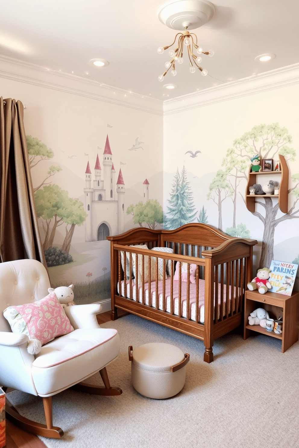 A charming baby bedroom designed with a storybook theme. The walls are painted in soft pastel colors adorned with whimsical murals of castles and forests. A vintage wooden crib sits in the center, surrounded by plush toys and fairy tale books. A cozy rocking chair in the corner invites quiet reading moments, while delicate fairy lights twinkle above for a magical touch.