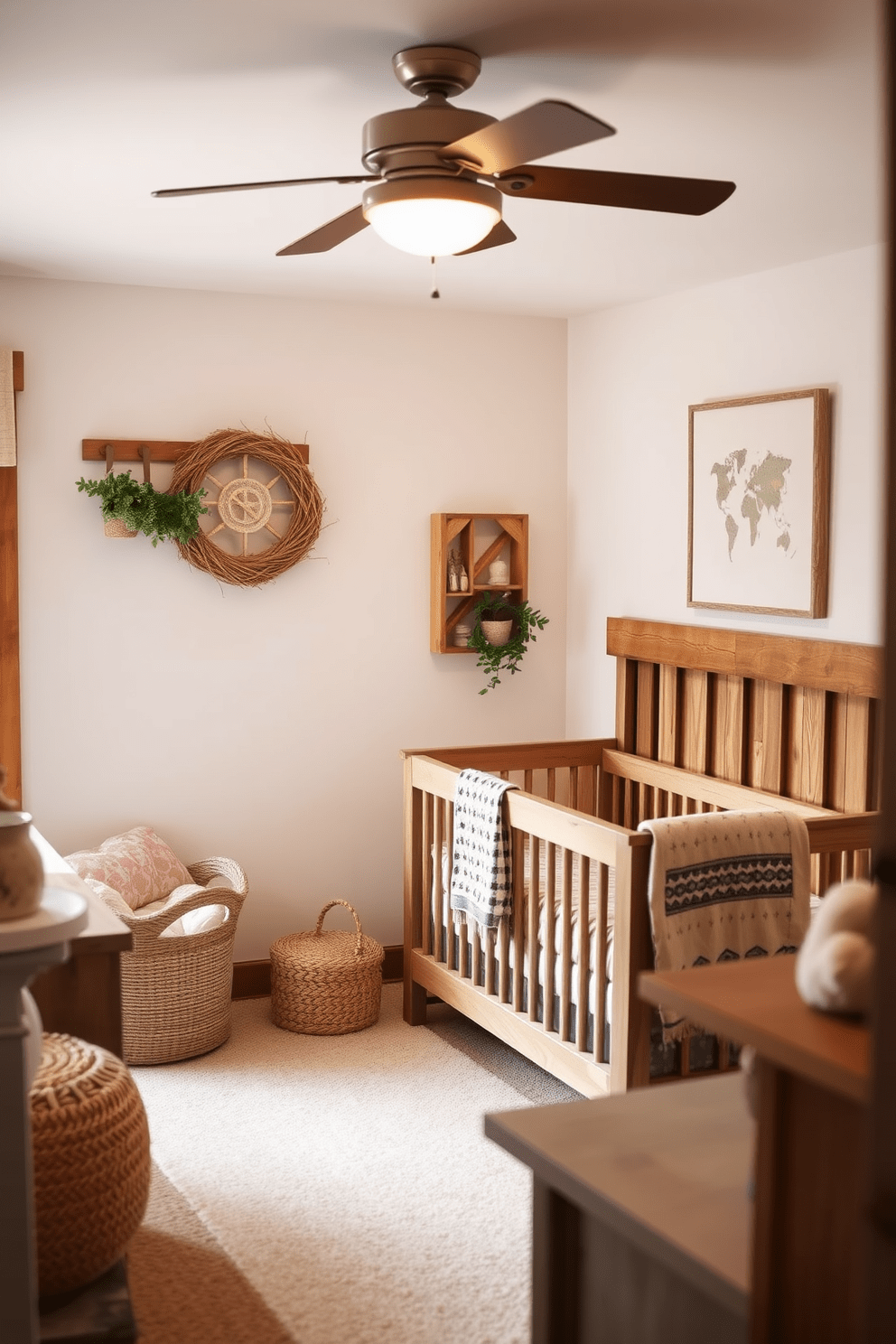 A cozy baby bedroom designed in rustic farmhouse style features warm wooden accents throughout the space. The walls are adorned with soft, neutral colors, and a charming crib made of reclaimed wood sits against one wall, surrounded by plush textiles and gentle lighting.