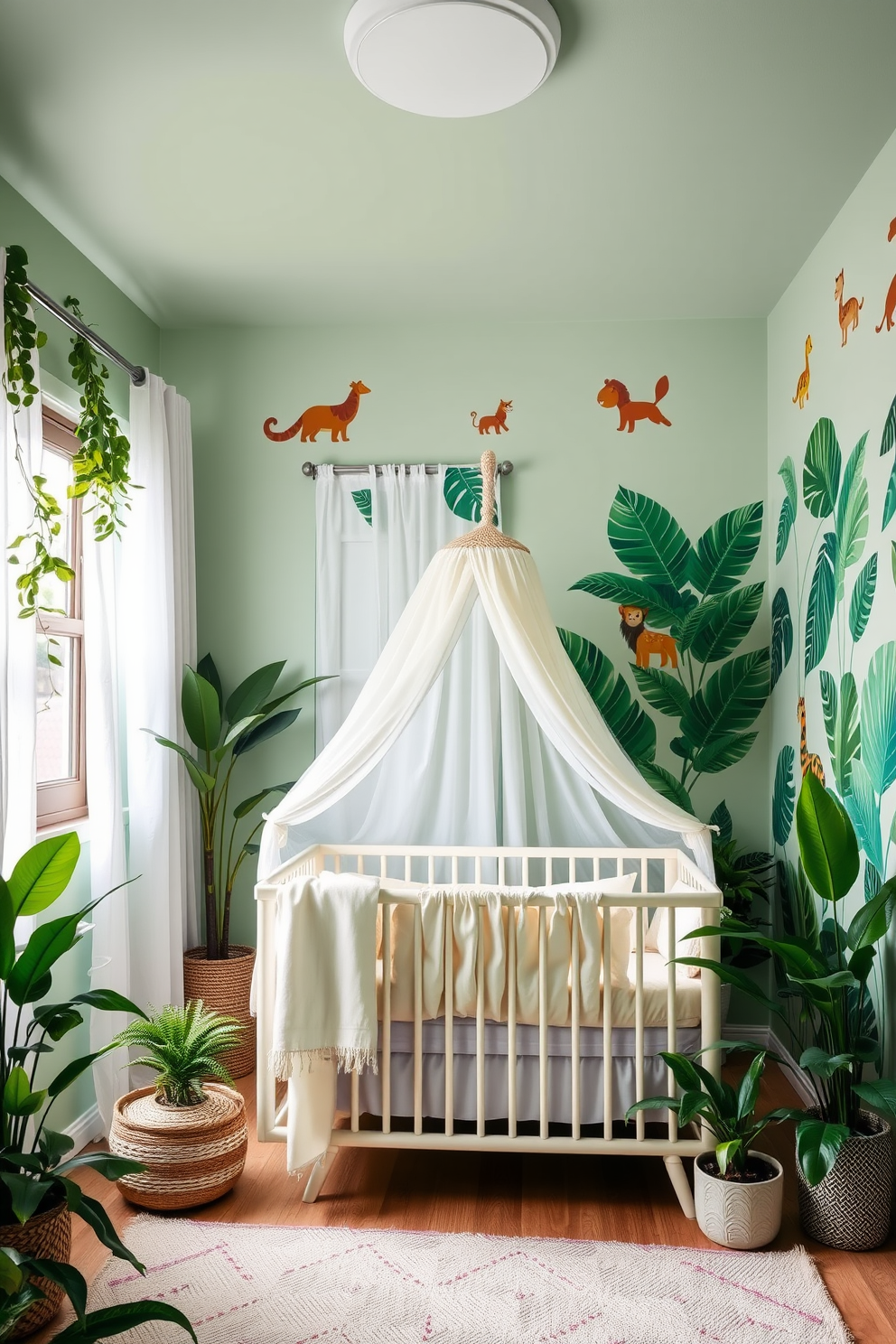 A serene baby bedroom designed with a tropical jungle theme. The walls are painted in a soft pastel green, adorned with whimsical jungle animal decals. Lush greenery fills the space with potted plants in each corner and a leafy mural on one wall. A cozy crib with a canopy draped in light fabric is positioned near a window with sheer curtains letting in natural light.