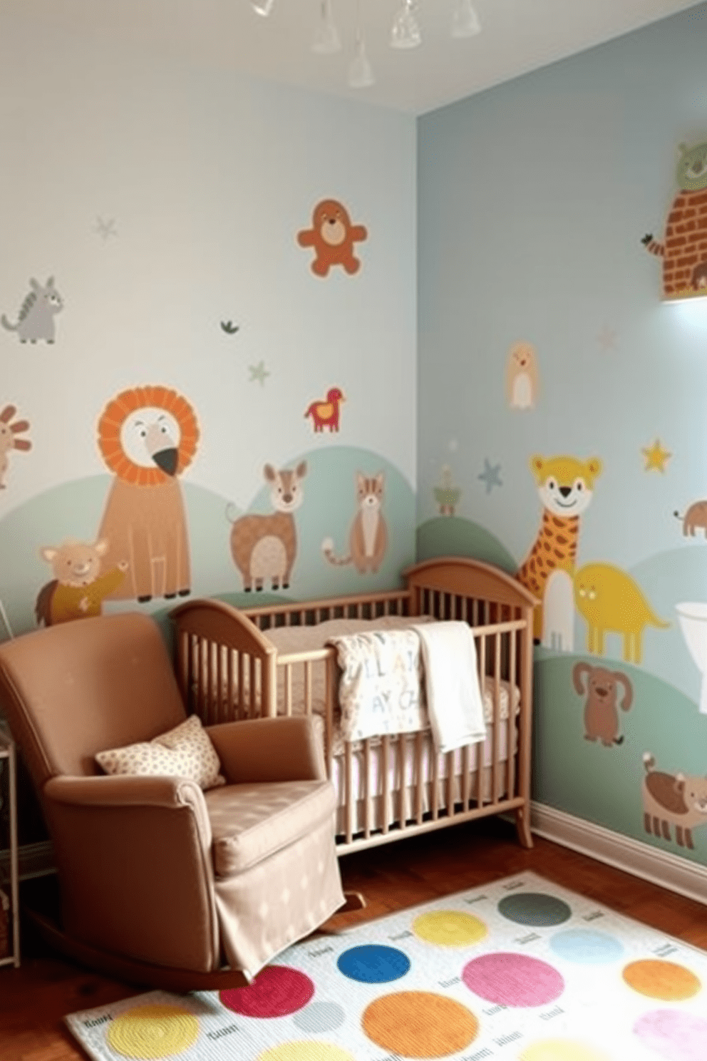 Artistic mural featuring favorite animals. The walls are adorned with a whimsical mural depicting a variety of beloved animals in soft pastel colors, creating a playful yet calming atmosphere. The furniture includes a cozy crib with a plush bedding set and a comfortable rocking chair in the corner. Soft, ambient lighting enhances the serene vibe, while a colorful area rug adds warmth to the space.