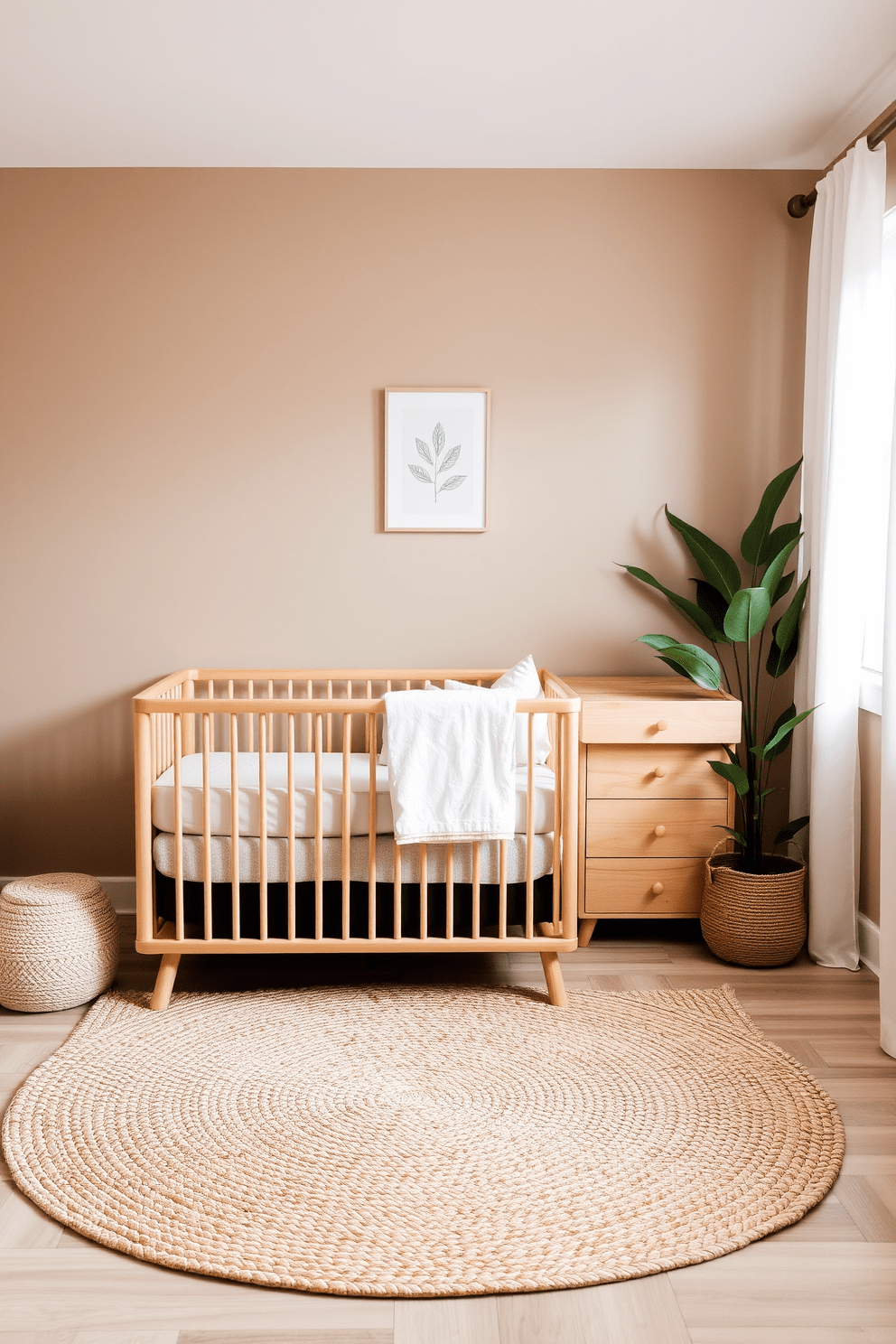 A serene baby bedroom featuring gender-neutral design elements with earthy colors. The walls are painted in a soft taupe shade, complemented by a natural wood crib and a cozy woven rug on the floor. A changing table with a light wood finish is positioned next to the crib, adorned with soft, neutral-toned linens. A large potted plant sits in the corner, adding a touch of nature and warmth to the space.