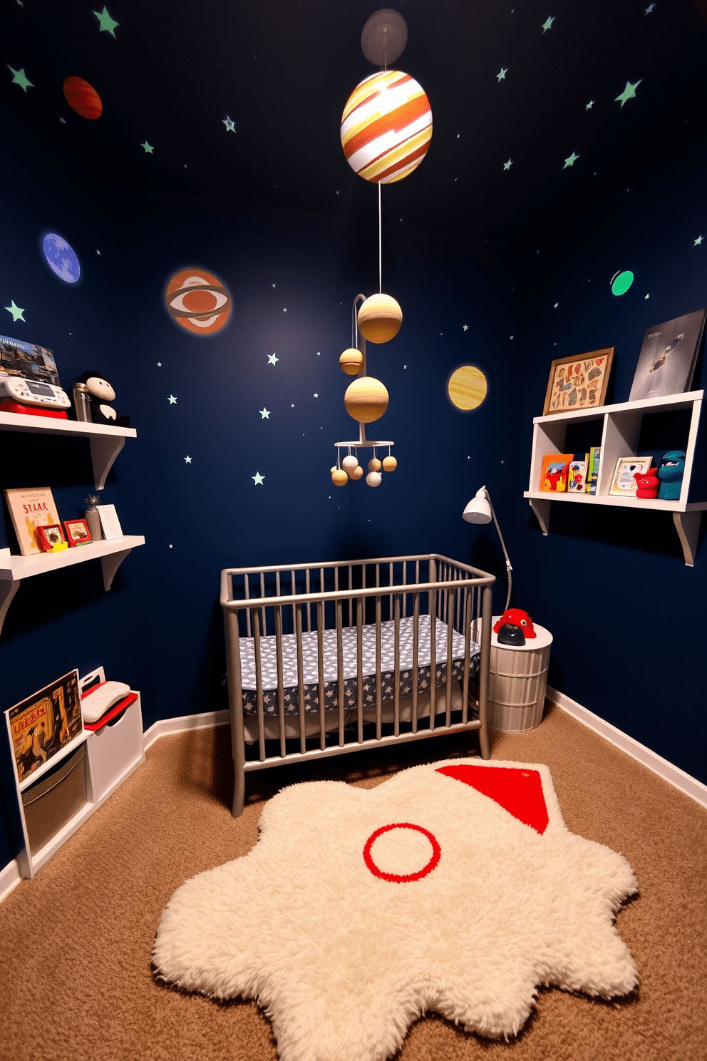 A whimsical nursery designed with a space theme. The walls are painted deep blue, adorned with glow-in-the-dark stars and colorful planets that capture the imagination. A cozy crib sits in the center, surrounded by a soft, plush rug shaped like a rocket. Shelves display space-themed books and toys, while a mobile of planets gently spins above the crib.