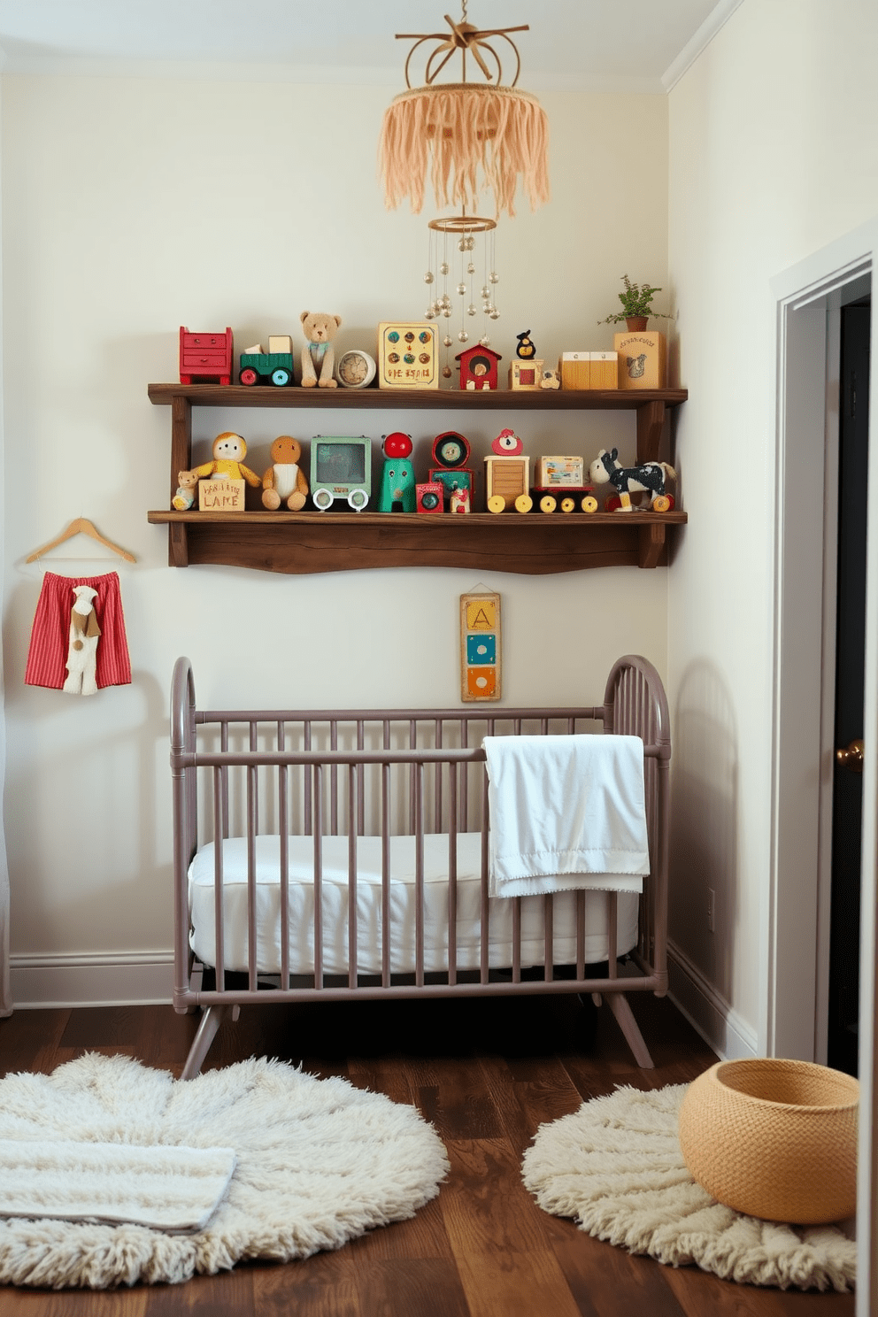 A charming baby bedroom featuring a vintage toy collection displayed on a rustic wooden shelf. The room is painted in soft pastel colors, with a cozy crib nestled against the wall and plush rugs on the floor. The vintage toys are arranged artfully, showcasing a variety of classic items like wooden blocks and stuffed animals. A delicate mobile hangs above the crib, adding a whimsical touch to the serene atmosphere.