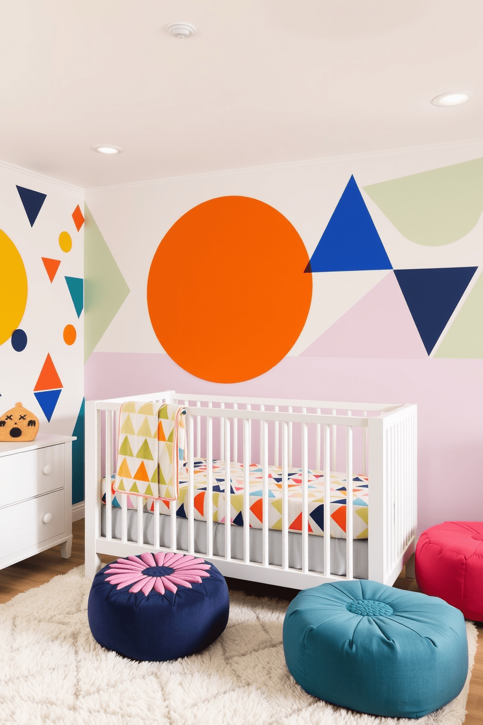 Bright geometric patterns create a lively and playful atmosphere in a modern baby bedroom. The walls are adorned with colorful shapes and designs that stimulate visual interest while remaining soft and inviting. A cozy crib with a geometric-patterned bedding set takes center stage in the room. Plush rugs and colorful poufs add comfort and style, making the space both functional and fun for parents and their little ones.