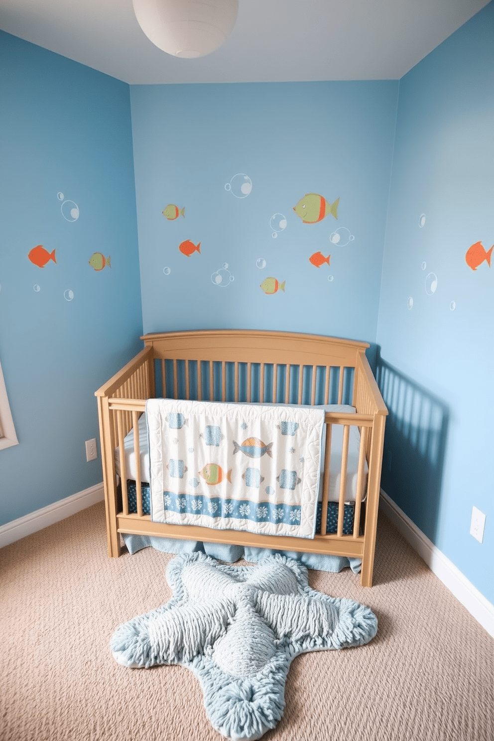 A serene baby bedroom designed with an underwater theme. The walls are painted in a soft blue hue, adorned with whimsical fish decals swimming among bubbles. A cozy crib is placed in the center, featuring a quilt with ocean-inspired patterns. A plush rug shaped like a starfish adds warmth and comfort to the space.