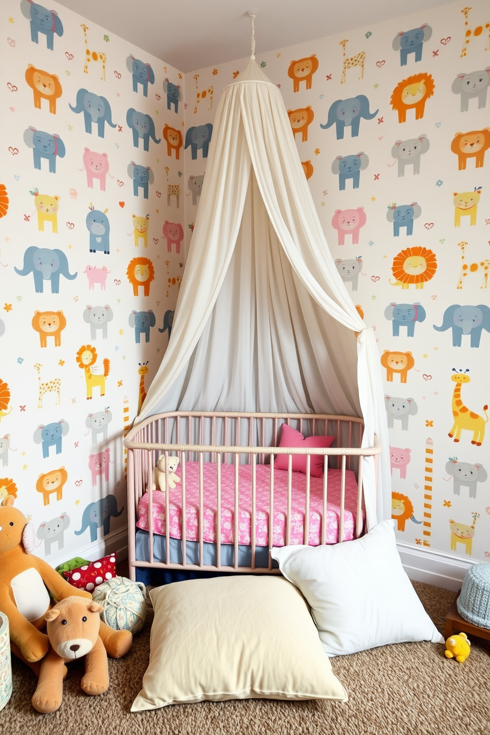 Cute animal prints for a playful vibe. The walls are adorned with cheerful animal-themed wallpaper featuring elephants, lions, and giraffes in soft pastel colors. A cozy crib is placed in the center, draped with a lightweight canopy. Plush toys and colorful cushions are scattered around, creating an inviting and whimsical atmosphere.