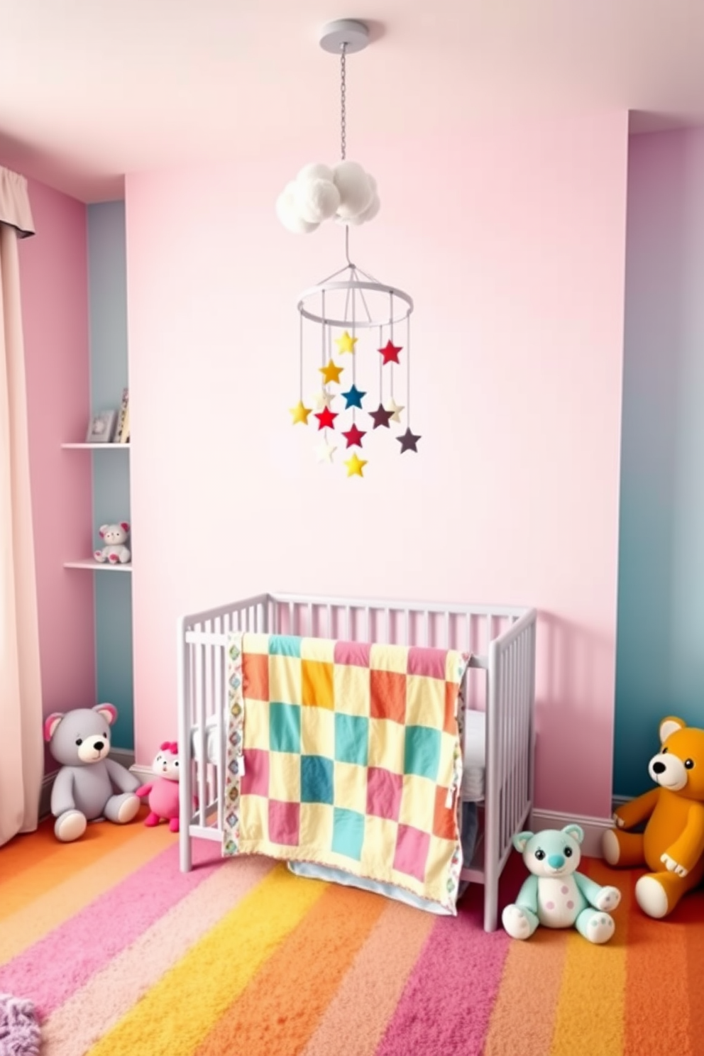 A bright and cheerful baby bedroom filled with a rainbow color scheme. The walls are painted in soft pastel shades of pink, blue, yellow, and green, creating a playful atmosphere. A cozy crib with a colorful quilt sits in the center of the room, surrounded by plush toys in various vibrant colors. A whimsical mobile with hanging stars and clouds dangles above the crib, adding a touch of magic to the space.