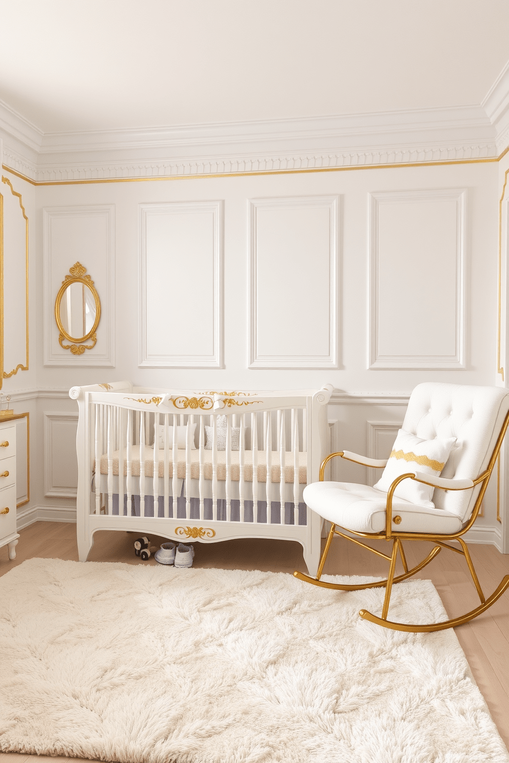 A serene baby bedroom featuring an elegant gold and white color palette. The walls are painted in soft white, with gold accents on the trim and decor elements. A plush white crib with ornate gold detailing sits against one wall. A cozy area rug in soft cream provides a warm touch underfoot, and a gold-framed rocking chair is positioned nearby for comfort.