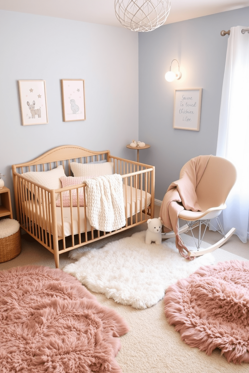 A cozy baby bedroom filled with soft textures and plush rugs. The room features a comfortable crib adorned with a fluffy blanket and surrounded by pastel-colored cushions. A gentle rocking chair sits in the corner, draped with a warm throw. The walls are painted in a soothing light blue, complemented by whimsical wall art and a soft nightlight.