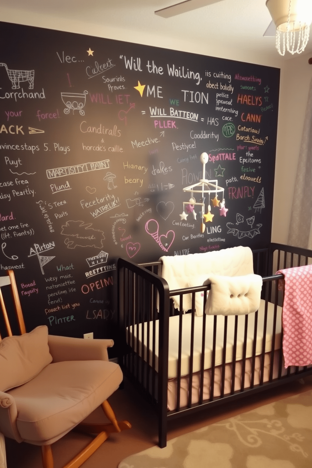 A cozy baby bedroom featuring an interactive wall painted with chalkboard paint. The wall is filled with colorful drawings and messages, creating a playful and engaging environment for both parents and children. The room includes a soft crib with a plush mattress, surrounded by gentle pastel colors. A comfortable rocking chair sits in the corner, paired with a whimsical mobile hanging above the crib.