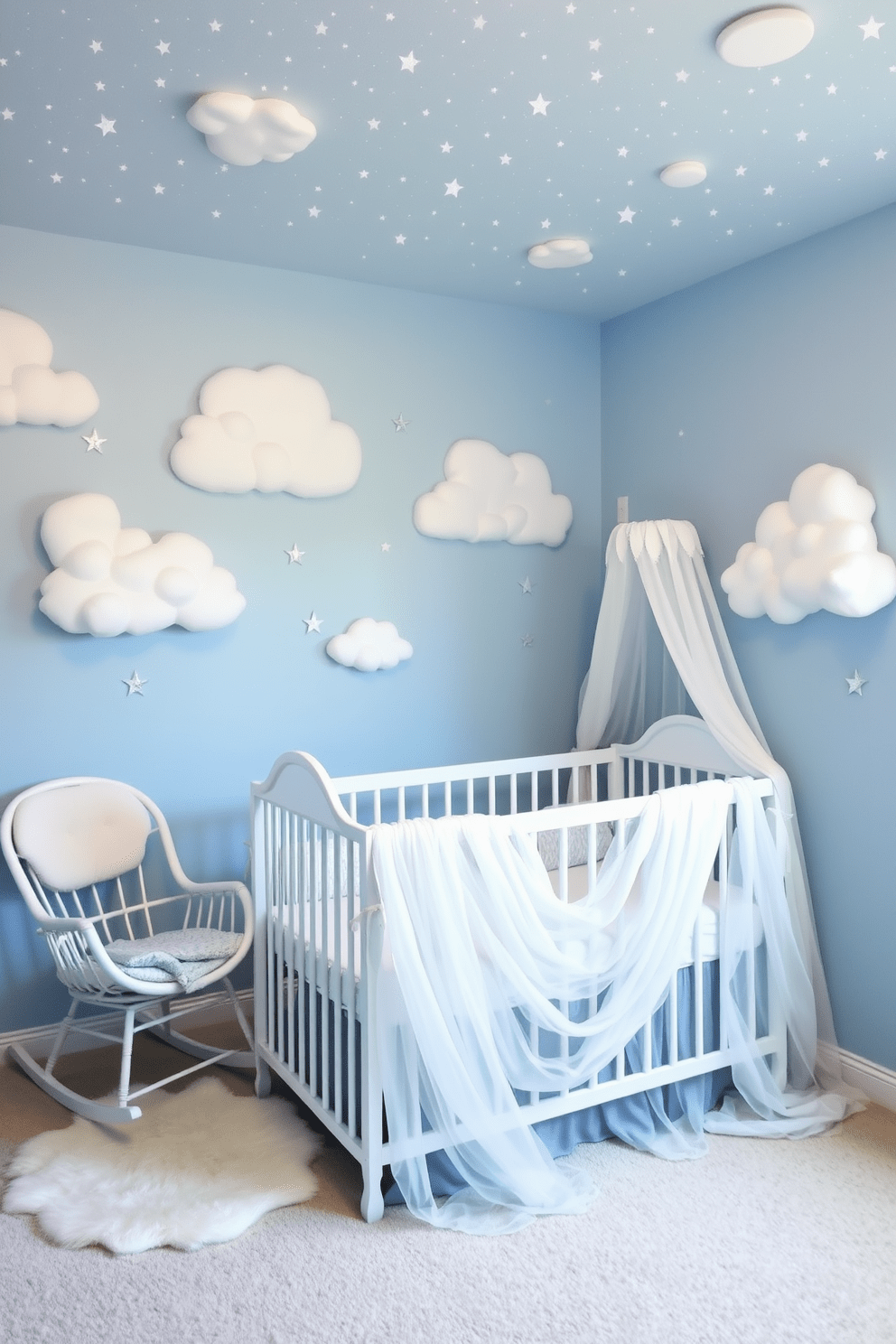 A dreamy celestial theme baby bedroom features soft blue walls adorned with fluffy white clouds and twinkling stars. The crib is elegantly draped with sheer fabric, and a cozy rocking chair sits in the corner, inviting quiet moments under the starlit ceiling.