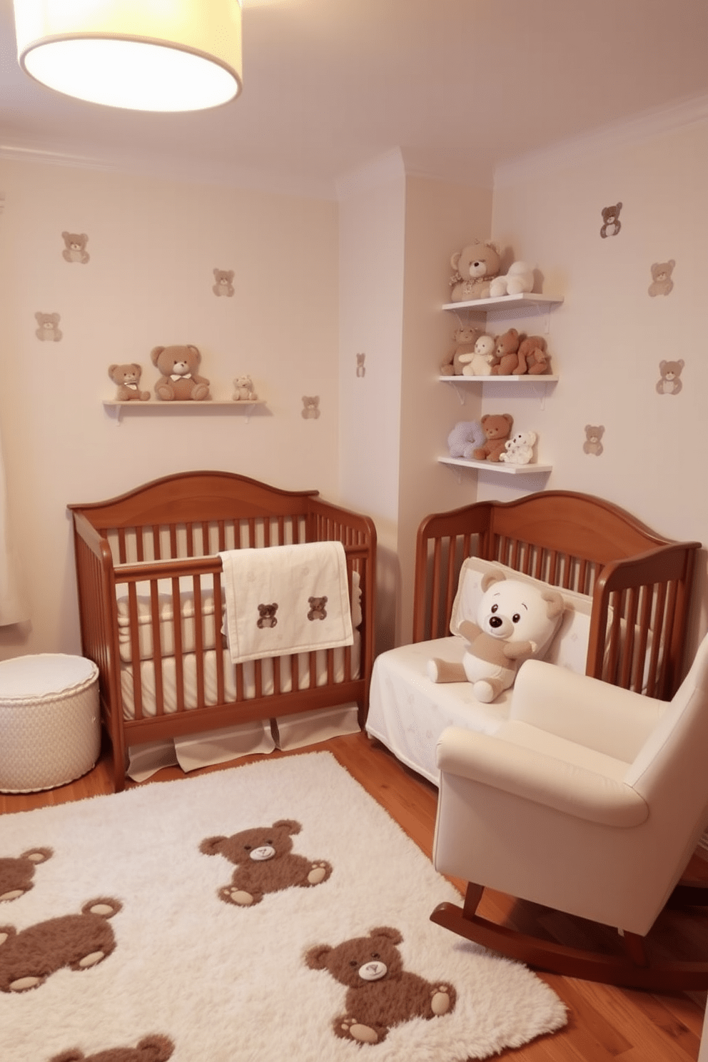 A cozy baby bedroom designed with a classic teddy bear theme. The walls are painted in a soft pastel color, adorned with teddy bear decals, and a plush area rug features teddy bear motifs. A wooden crib with a teddy bear-themed bedding set is positioned against one wall. Soft toys are arranged on shelves, and a comfortable rocking chair completes the serene atmosphere.