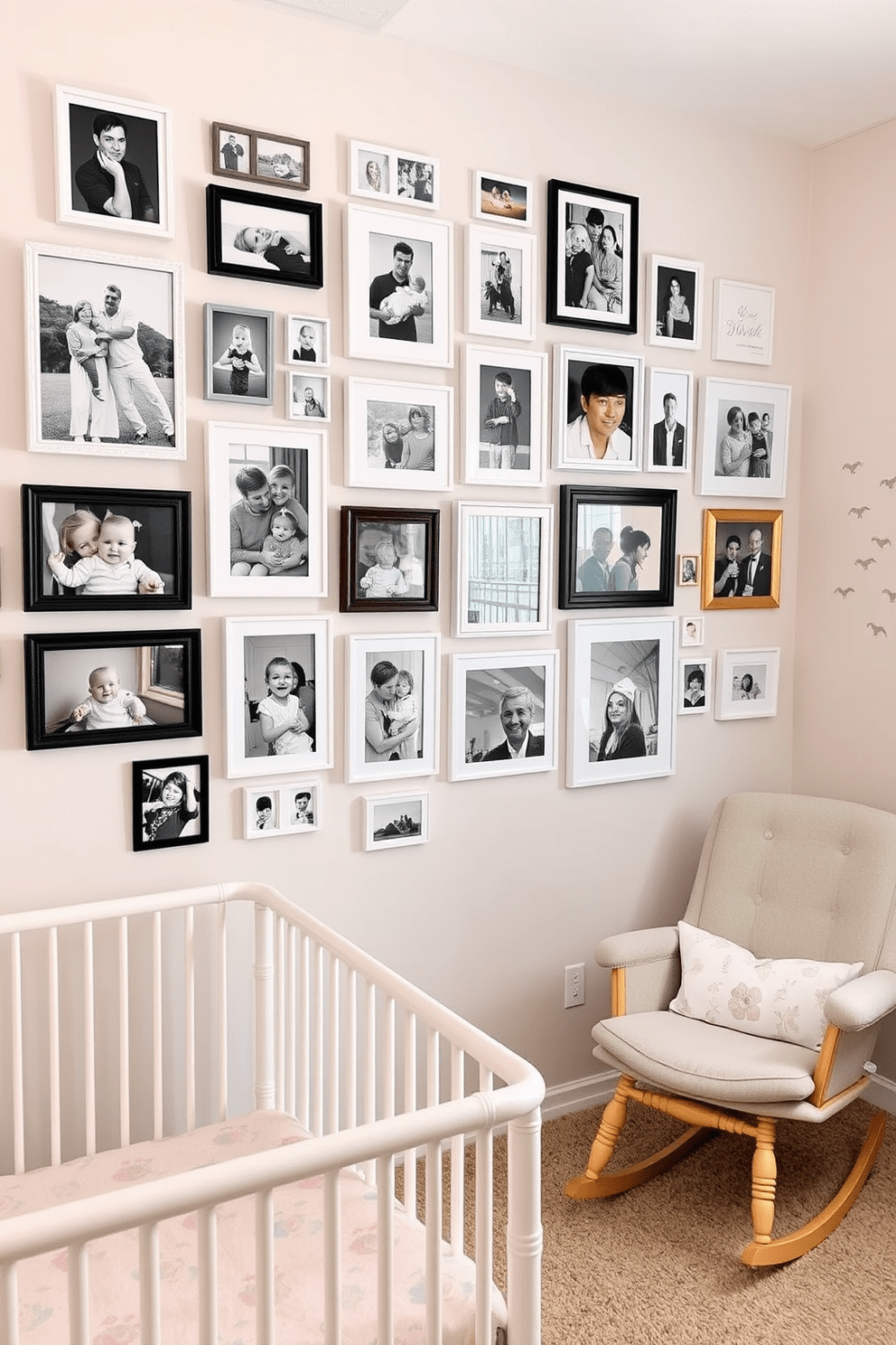 A creative gallery wall adorned with an eclectic mix of family photos in various frames. The wall features a harmonious arrangement of black and white images alongside colorful snapshots, creating a warm and inviting atmosphere. A cozy baby bedroom designed with soft pastel colors and playful accents. The room includes a comfortable crib, a rocking chair, and whimsical wall art that adds a touch of charm and comfort.