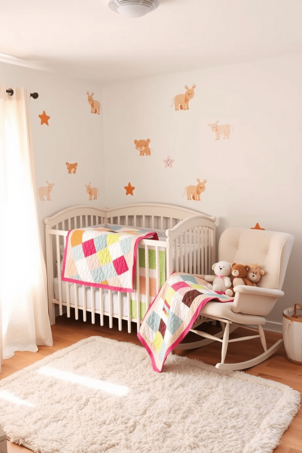 A cozy baby bedroom featuring colorful patchwork quilts layered on a soft white crib. The walls are painted in a gentle pastel hue with playful animal decals, creating a warm and inviting atmosphere. A plush rocking chair sits in the corner, adorned with a matching quilt and stuffed animals. Natural light filters through sheer curtains, illuminating a soft area rug that adds comfort to the space.