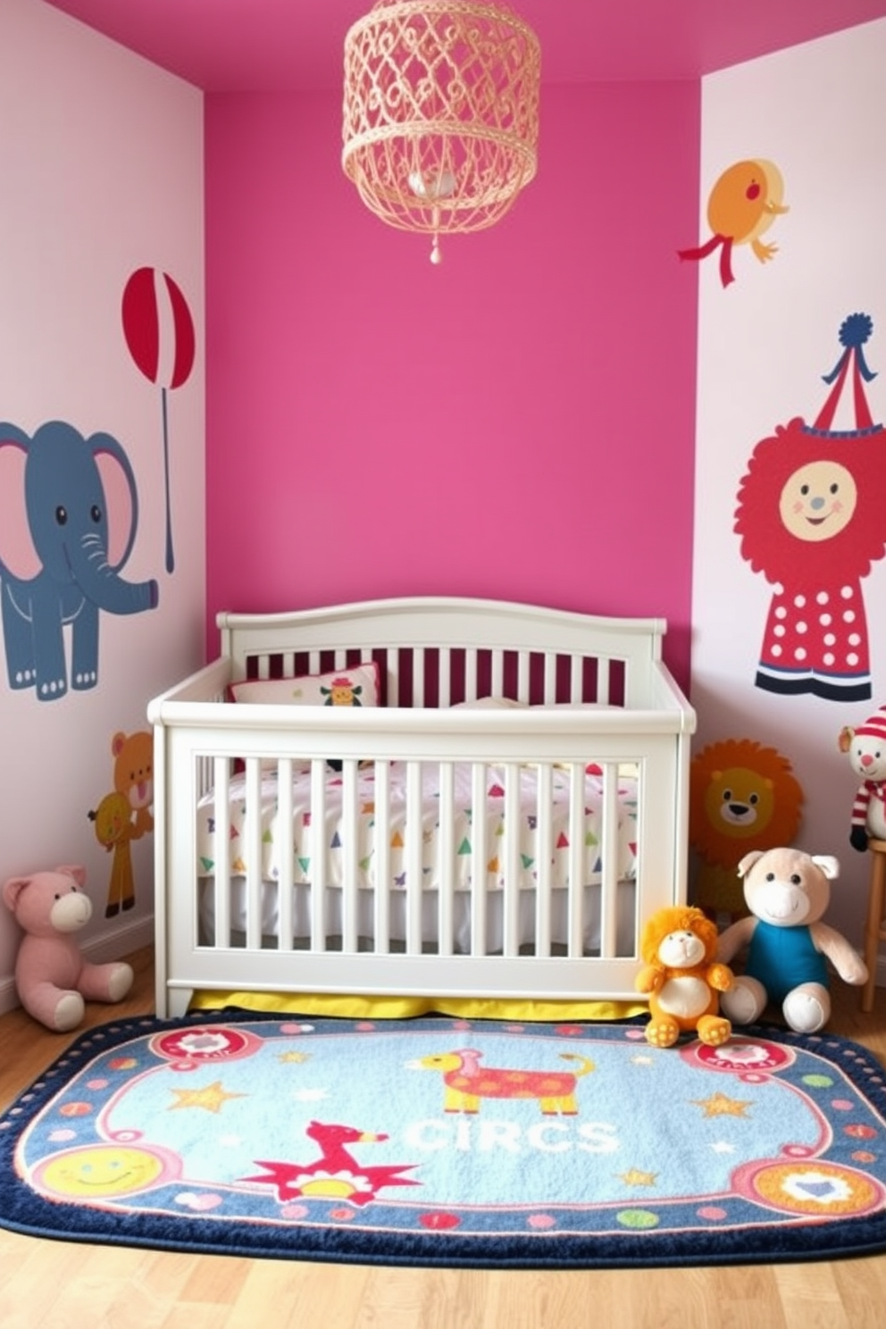 A whimsical baby bedroom featuring playful circus animals in bright colors. The walls are adorned with vibrant murals of elephants, lions, and clowns, creating a cheerful atmosphere. The crib is a soft pastel shade with circus-themed bedding, surrounded by plush toys of various animals. A colorful rug with a circus motif lies on the floor, adding warmth and comfort to the space.