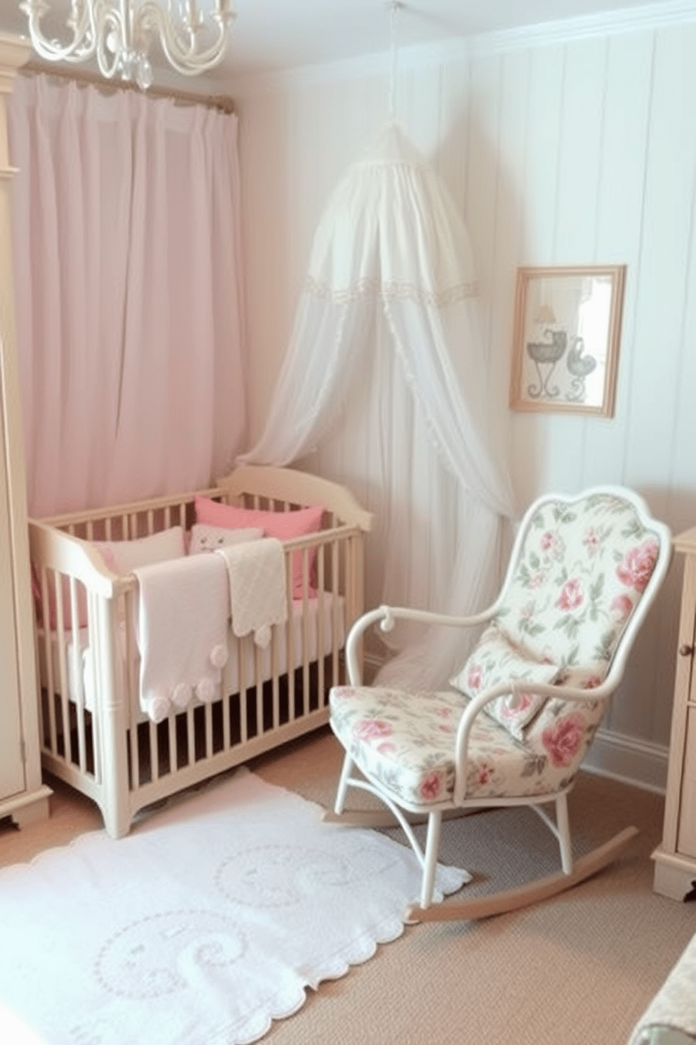 Charming cottage style with soft fabrics. The room features a cozy crib draped with a delicate canopy and surrounded by plush cushions in pastel colors. A vintage rocking chair sits in the corner, upholstered in a floral print that complements the overall theme. Light wooden furniture adds warmth, while soft, diffused lighting creates a serene ambiance perfect for a baby’s room.