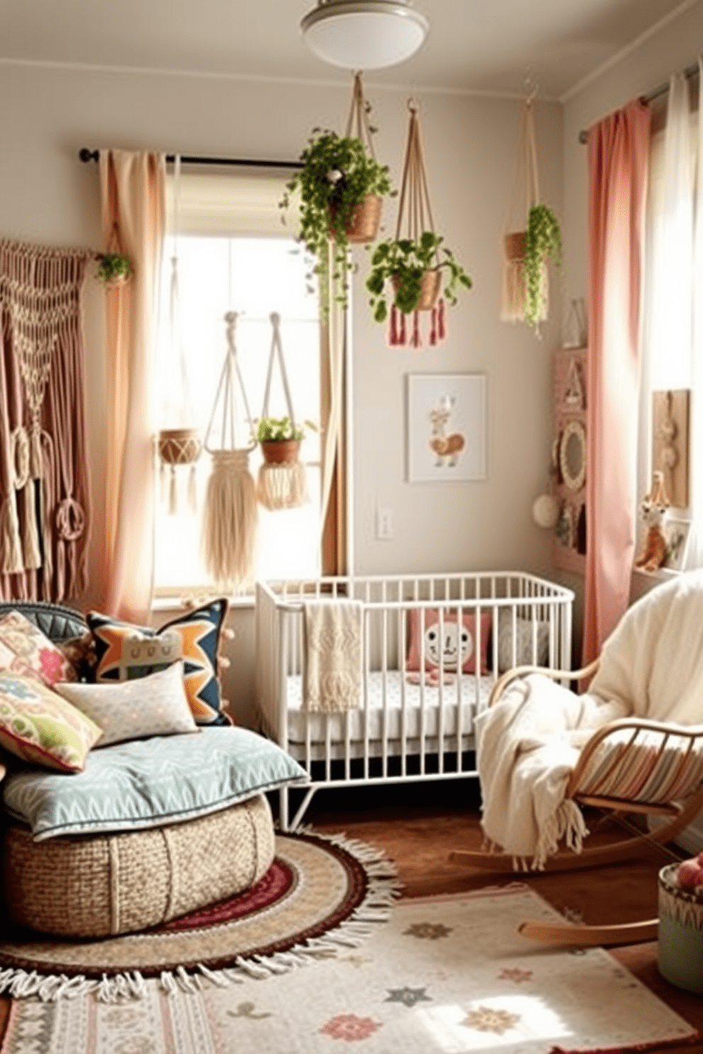 Stylish bohemian decor featuring a cozy seating area adorned with colorful throw pillows and layered rugs. Macrame wall hangings and plant hangers create a warm and inviting atmosphere, while natural light filters through sheer curtains. Baby bedroom design ideas include a soft, pastel color palette with a mix of playful patterns. A comfortable crib is complemented by a rocking chair, and whimsical decor elements like animal-themed wall art and plush toys add charm.