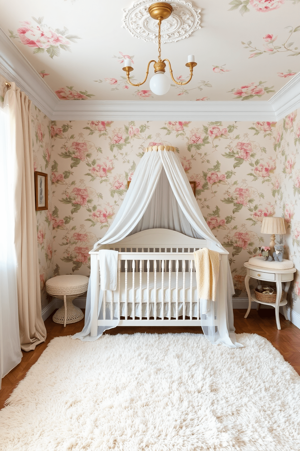 A charming baby bedroom adorned with elegant vintage floral wallpaper in soft pastel hues. The room features a cozy crib with a white canopy, complemented by a plush area rug in a gentle cream color.