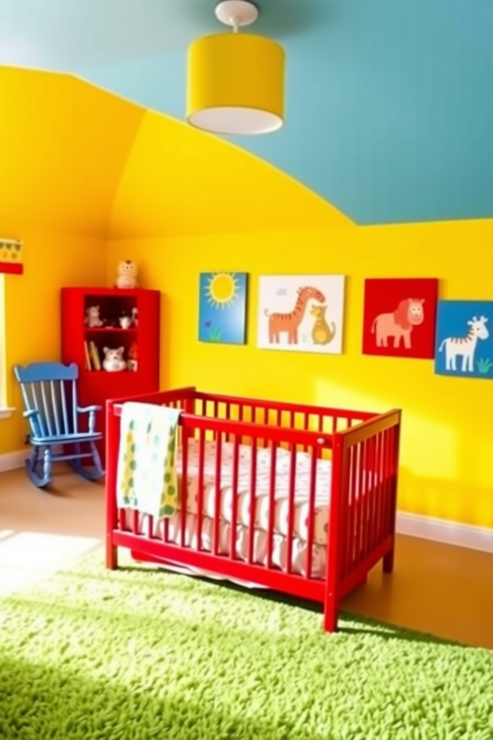 Bright and bold primary colors create a vibrant atmosphere in the baby bedroom. The walls are painted in a sunny yellow, complemented by a red crib and a blue rocking chair in the corner. Colorful artwork featuring playful animals adorns the walls, adding a cheerful touch. A soft green rug lies on the floor, providing a cozy space for playtime and exploration.