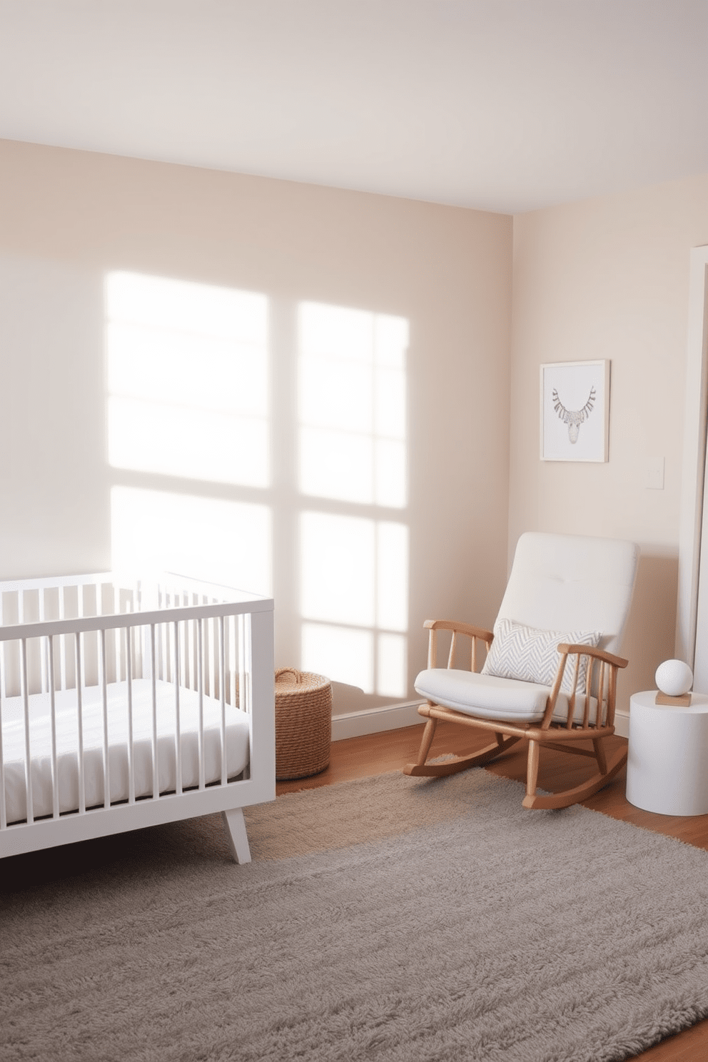 A modern minimalist nursery featuring soft neutral tones. The room includes a sleek crib with clean lines, complemented by a cozy rocking chair in a light fabric. The walls are painted in a soft beige, creating a calming atmosphere. A plush area rug in a muted gray anchors the space, while simple wall art adds a touch of personality.